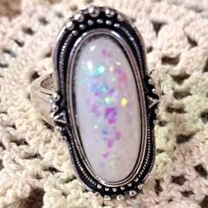 Steel Oval Iridescent Stone Ring